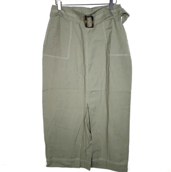 NWT ASOS cotton / linen olive green belted maxi skirt size 8 - Picture 8 of 8